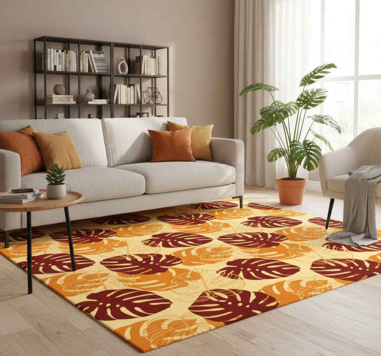 Vinyl teppich natur in dunkelrot und gelb monstera - TenStickers