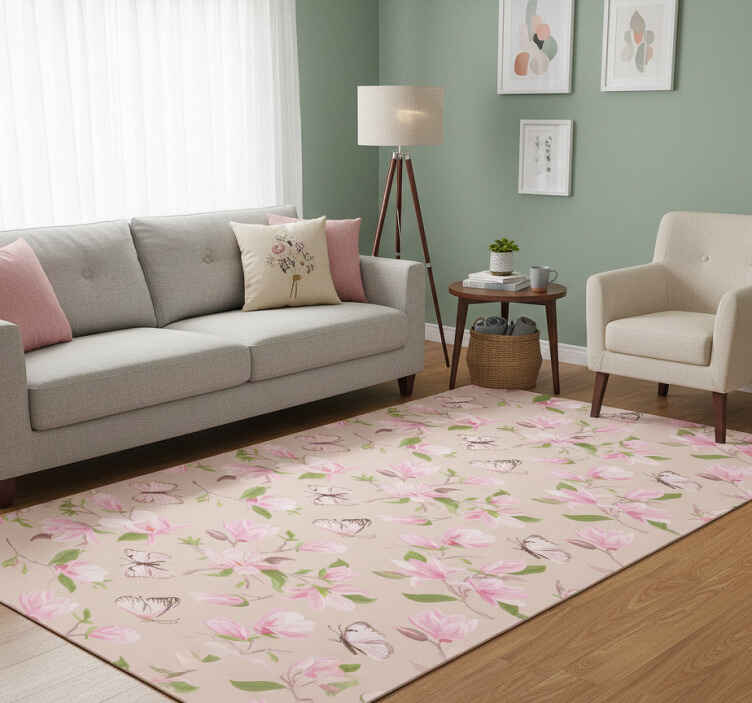 Vinyl teppich natur mit pinkem magnolien und schmetterlingen - TenStickers