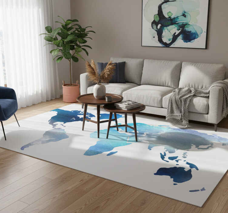 Vinyl teppich weltkarte aquarell in blau-tönen - TenStickers