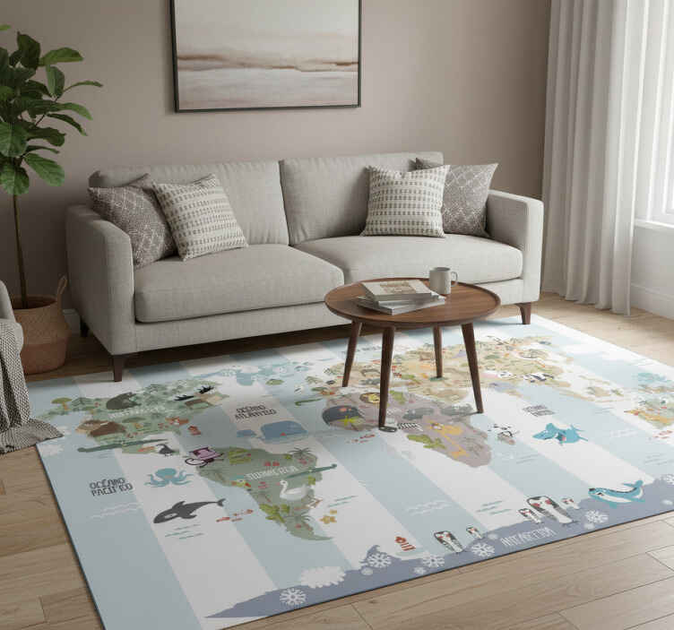 World map vinyl rug featuring animal life design - TenStickers