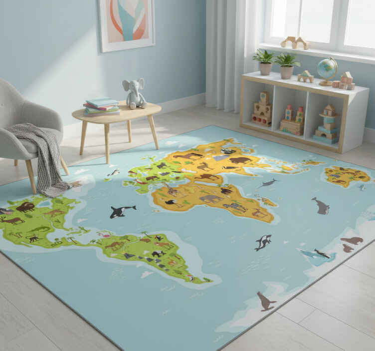 Tapis vinyle carte du monde faune et flore - TenStickers