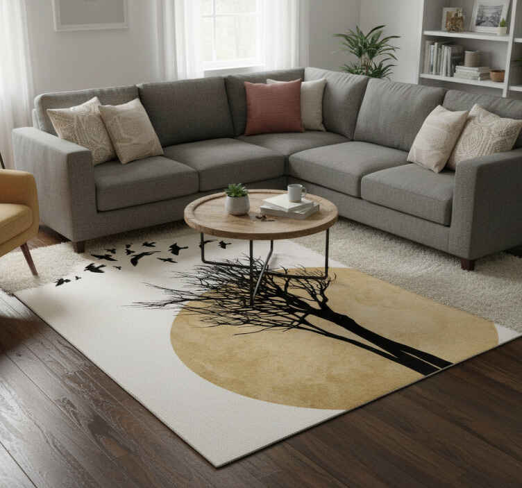Alfombra vinílica flores silueta de árbol con pájaros - TenVinilo