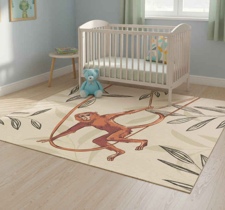 Alfombra vinílica infantil mono bebé columpiándose en planta - TenVinilo
