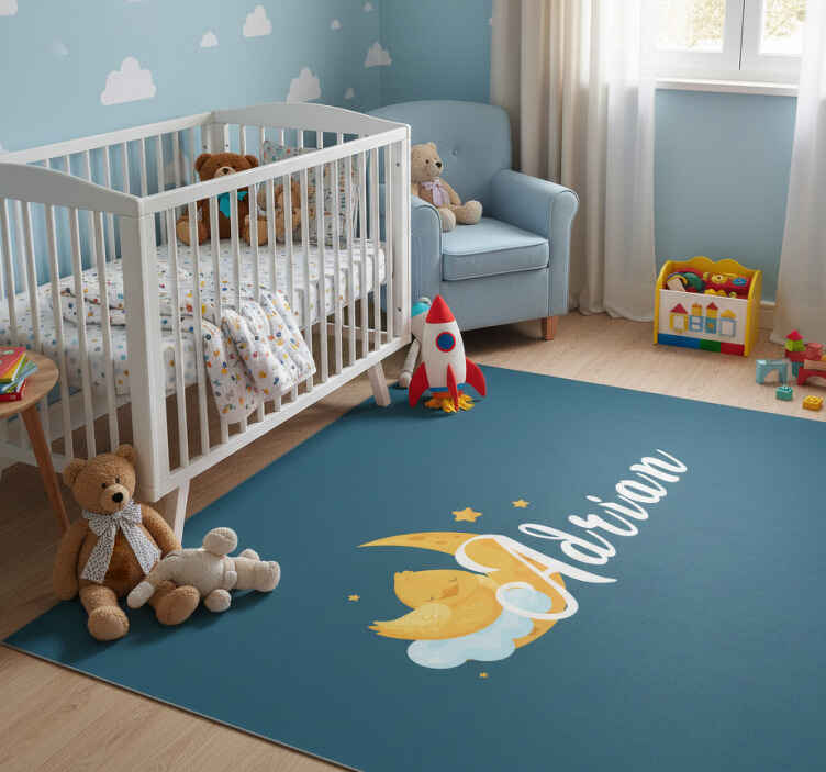 Alfombra vinílica infantil pollito en la luna con estrellas - TenVinilo