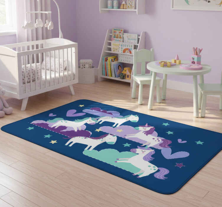 Alfombra vinílica infantil unicornios con nubes y estrellas - TenVinilo