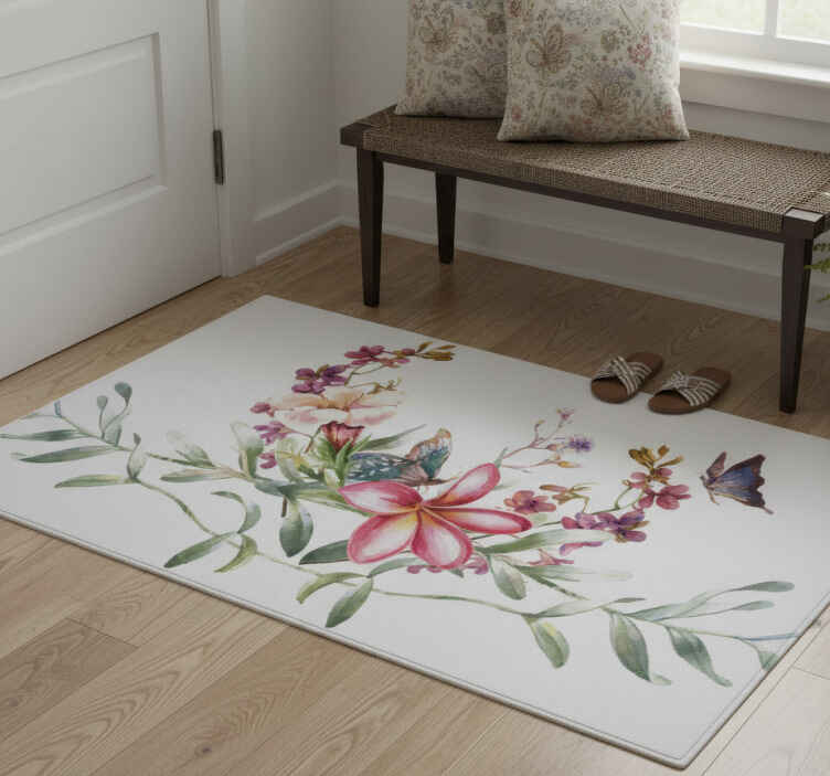 Entrance hall vinyl rug watercolor butterfly & flowers - TenStickers