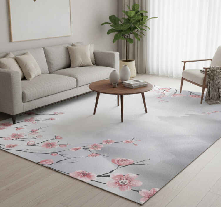 Grey vinyl rug with cherry blossoms and mountains - TenStickers