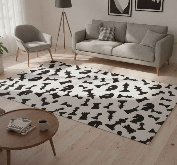 Tapis vinyle blanc avec pièces d'échecs noires - TenStickers
