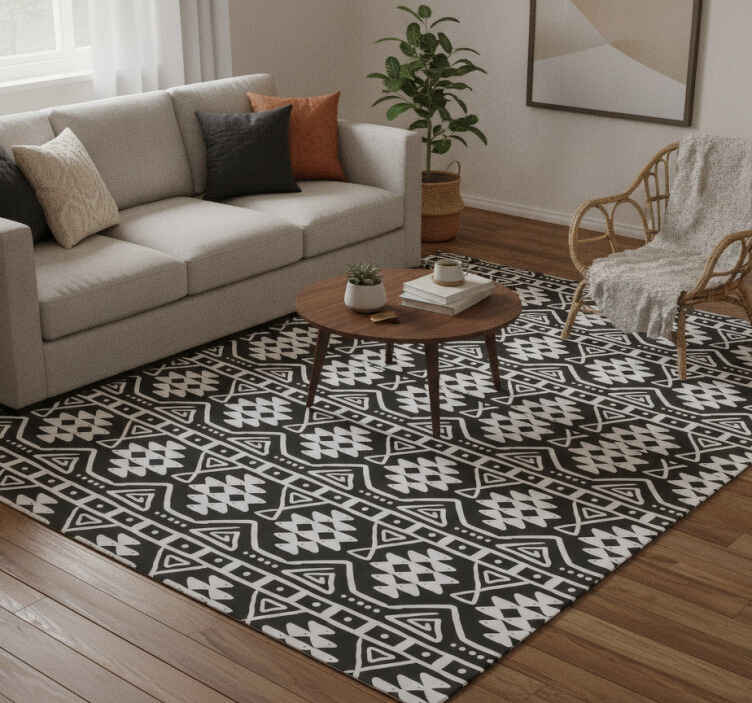 Alfombra vinílica negra con patrón bohemio en blanco y negro - TenVinilo