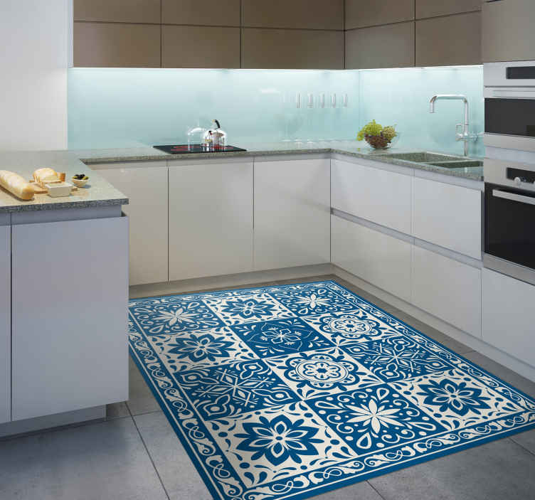 Tapis de cuisine en sticker à carreaux bleu floral