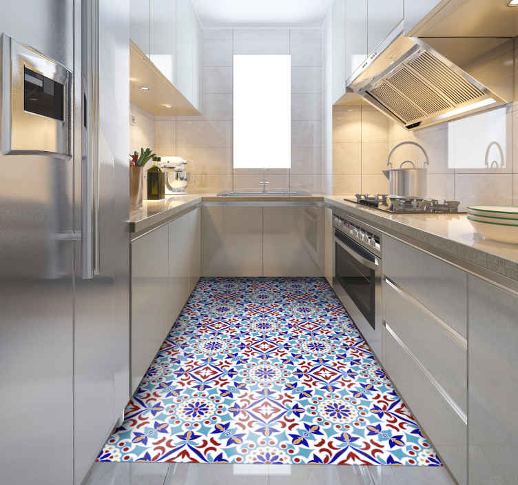 light blue tile pattern kitchen flooring - TenStickers