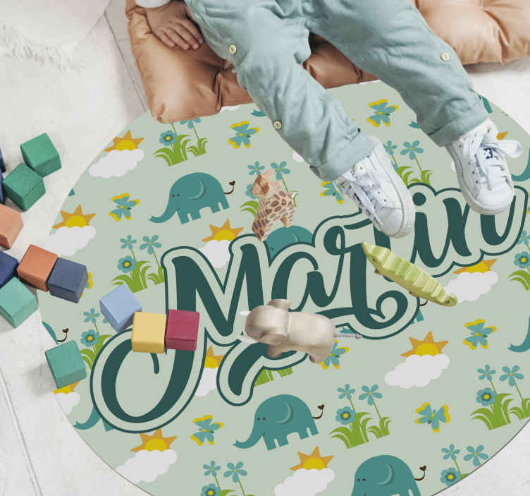 Alfombra vinílica infantil elefantes y flores con nombre - TenVinilo
