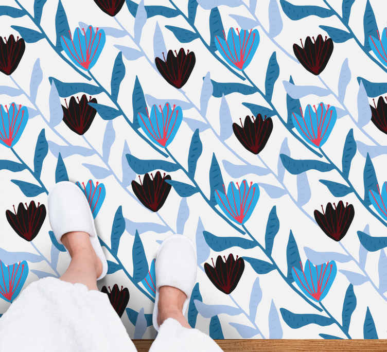 Blå og sort illustrerede tulipaner blomster tæppe - TenStickers