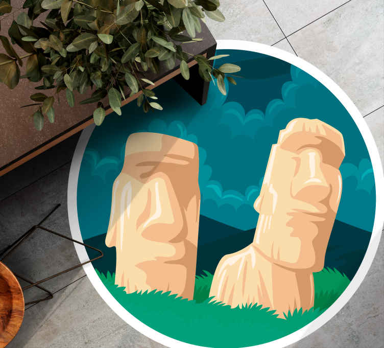 Alfombra vinílica mapamundi silueta de estatuas moai - TenVinilo