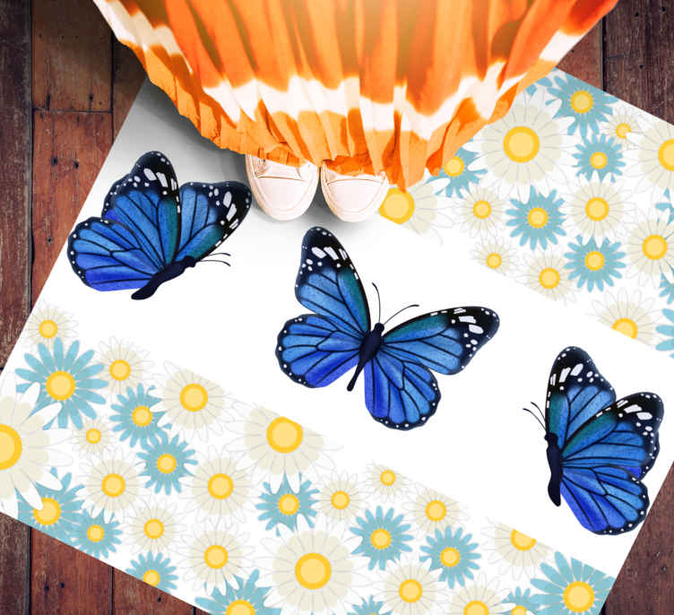 Tapete vinílico flores e plantas borboletas azuis - TenStickers