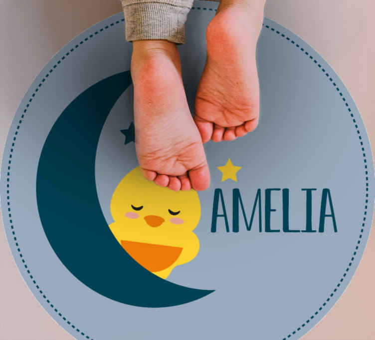 Tapis Vinyl Animal Bebe Poussin Sur La Lune Avec Nom Tenstickers