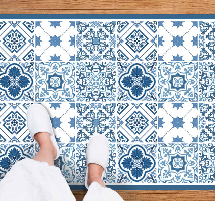 Blue and grey floral Portuguese bathroom vinyl flooring TenStickers