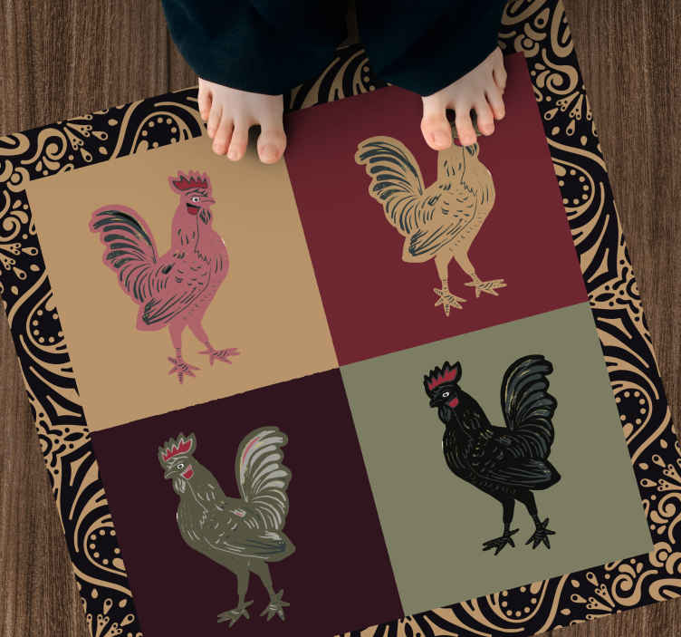 Four rooster ethnical style square vinyl rug - TenStickers