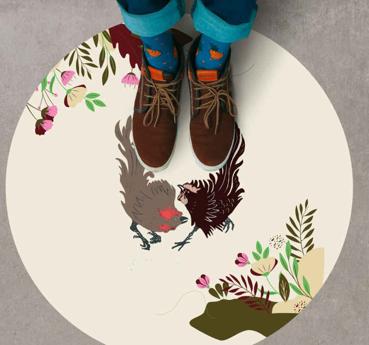 Alfombra vinilo redonda Gallos con hojas y flores. - TenVinilo