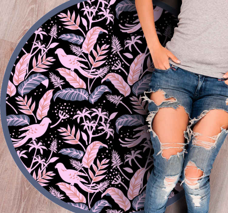Tappeto in vinile forma rotonda Uccelli neri e rosa sulle foglie