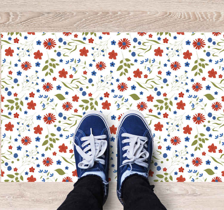 Tappeto in pvc con fiori e piante Motivi da giardino blu e rossi