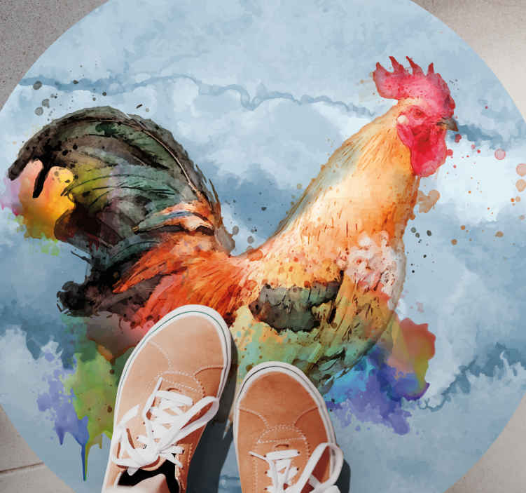 Tappeto in vinile forma rotonda Gallo dipinto su texture acquerel