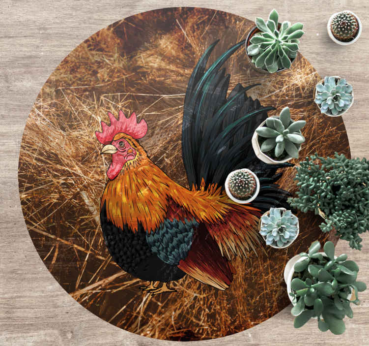 Tappeto in vinile forma rotonda Gallo disegnato in paglia