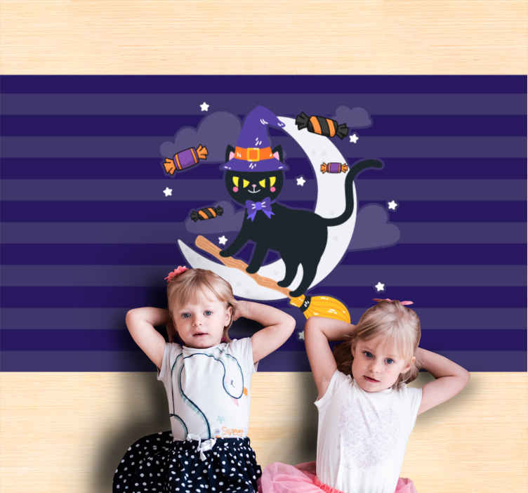 Tappeto in vinile per salone Simpatico gatto su una scopa