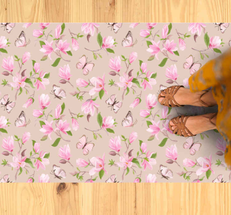 Pink magnolia and butterfly design  floral rug - TenStickers