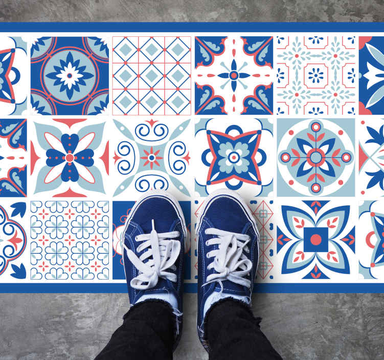 Ornamental blue tile vinyl rug