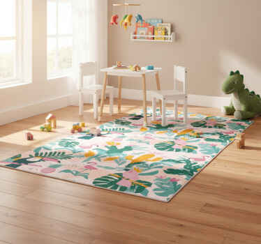 Animal vinyl rug with green birds on pink background - TenStickers
