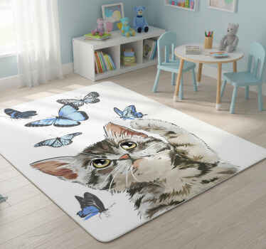 Animal vinyl rug kitty with blue butterflies - TenStickers