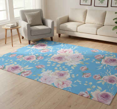 Alfombra vinílica flores rosas sobre fondo azul - TenVinilo