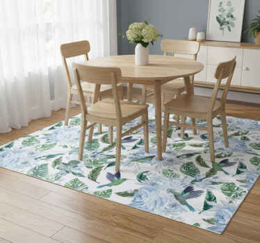 Flower rug featuring blue garden flowers and birds - TenStickers