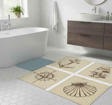 Bathroom vinyl rug with sea object tiles - TenStickers