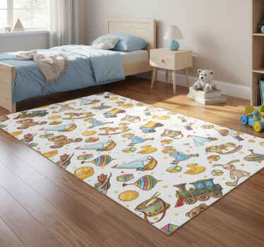 Bedroom vinyl rug with cute wooden toys and teddy bear - TenStickers