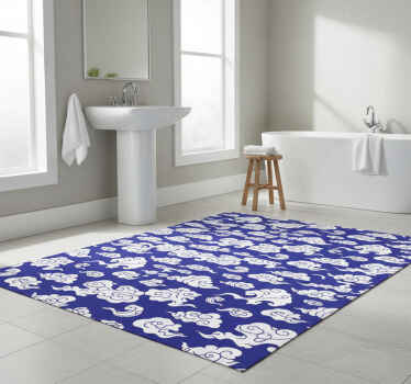 Alfombra vinílica baño nubes blancas silueteadas fondo azul - TenVinilo