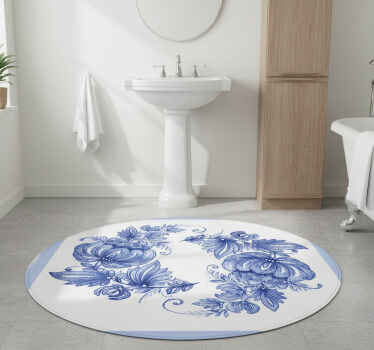 Bathroom vinyl rug with white and blue horezu pattern - TenStickers