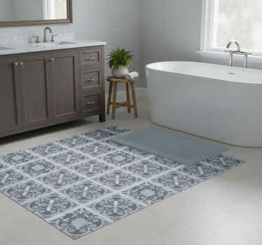 Bathroom vinyl rug with blue flower tile design - TenStickers