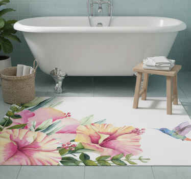 Tappeto vinile bagno fiori con colibrì - TenStickers