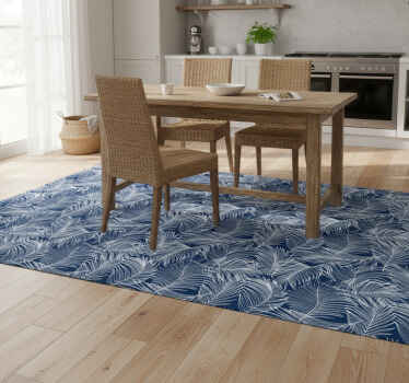 Kitchen vinyl rug with blue leaves and white outline - TenStickers