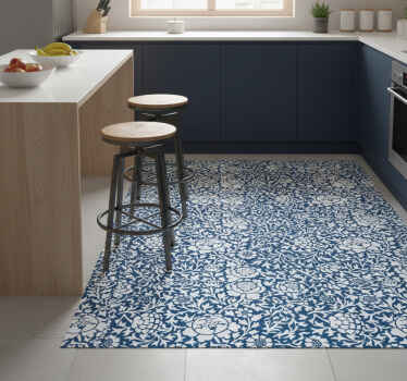 Marine blue floral kitchen vinyl rug - TenStickers