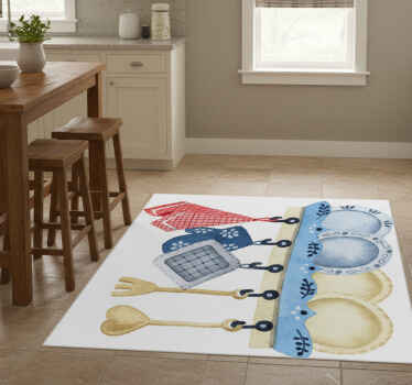 Kitchen vinyl rug with hand drawn watercolor utensils - TenStickers