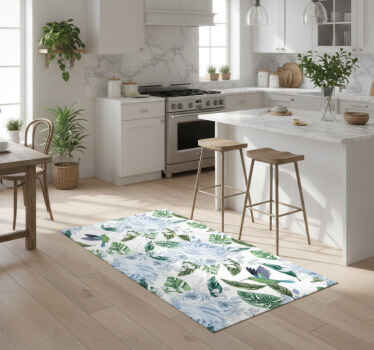 Kitchen vinyl rug with blue garden flowers and birds - TenStickers