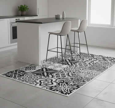 乙烯基厨房地毯与鲜明黑色对比几何图形 - TenStickers