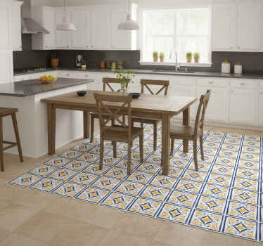 Kitchen vinyl rug in blue and yellow portuguese tile - TenStickers