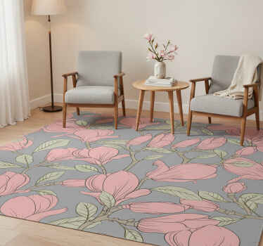 Nature vinyl rug pink flowers and leaves - TenStickers