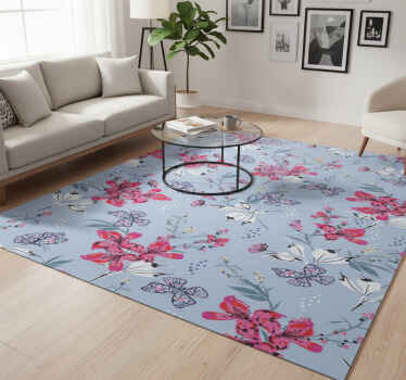 Nature vinyl rug with abstract red flowers and butterflies - TenStickers