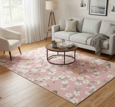 Nature vinyl rug pink orchard birds - TenStickers