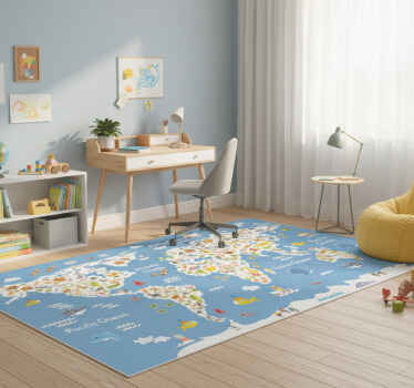 World map vinyl rug white animal design for kids - TenStickers